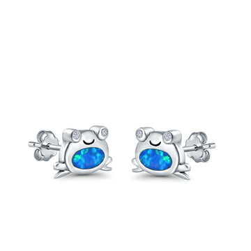 Frog Stud Earrings Lab Created Blue Opal 925 Sterling Silver (6mm)
